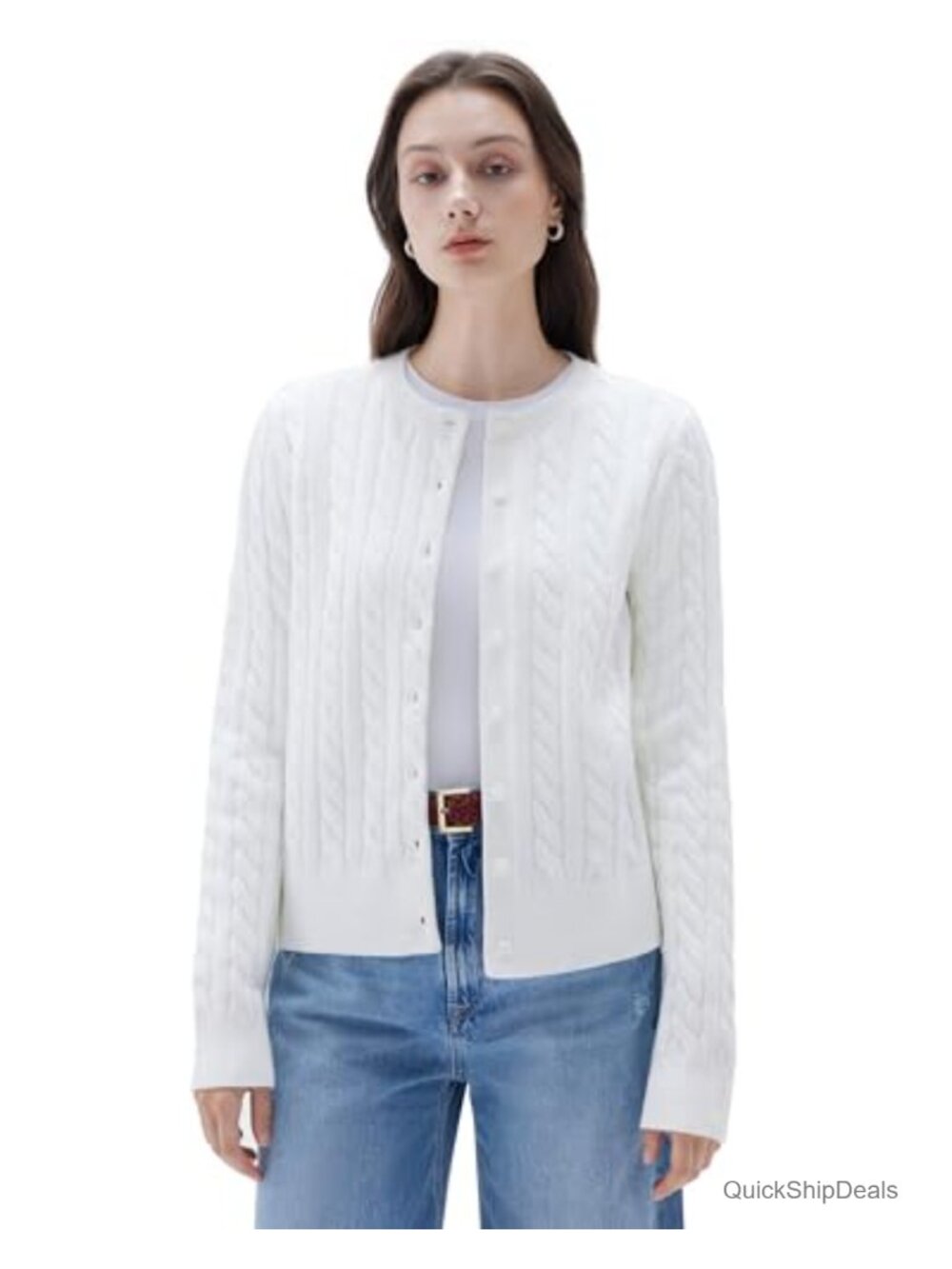 Women Chunky Cable Knit Cashmere Blend Cardigan Crew Neck Button Up Long Sleeve